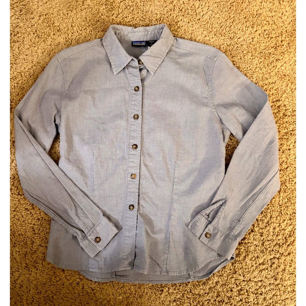 Patagonia Womens Organic Cotton Micro Check Button Down Shirt Blue Size S